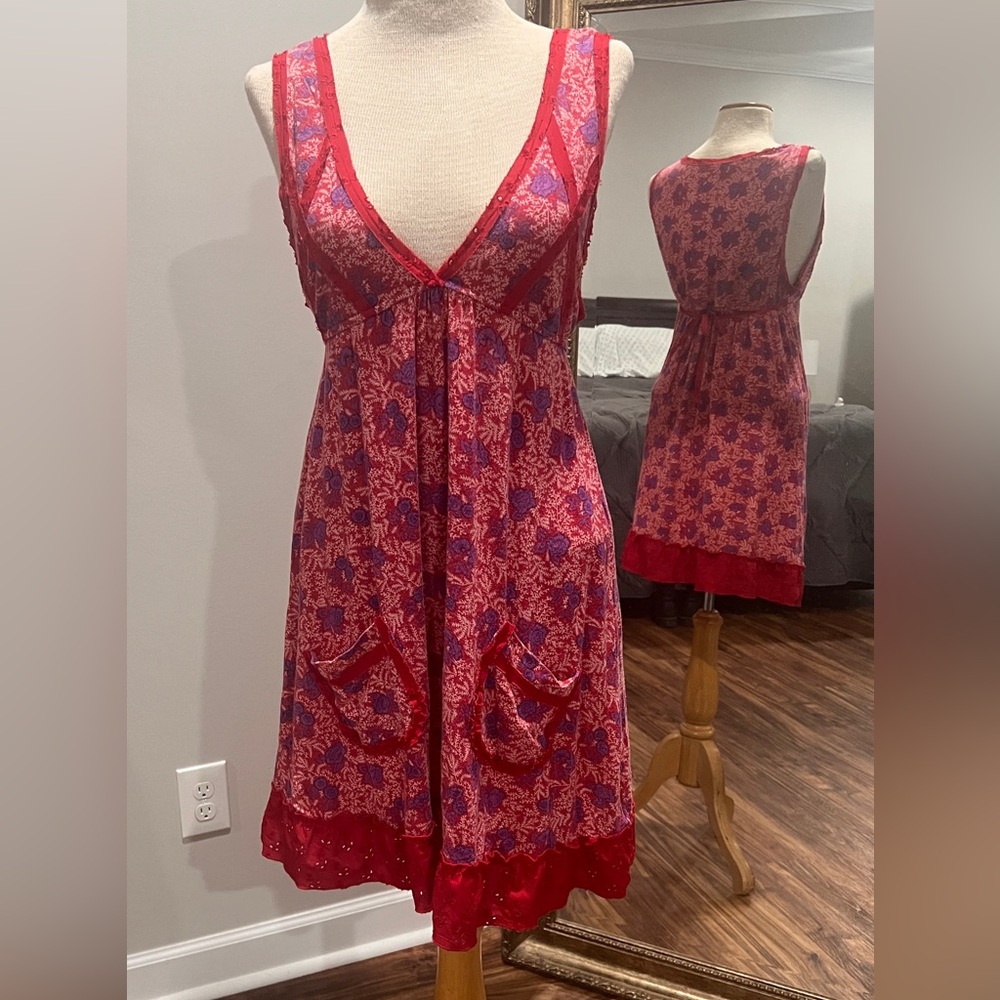 Free People Vintage Red and Purple Floral Mini Dress